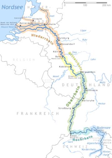 萊茵河流經路線；圖片來源：維基百科