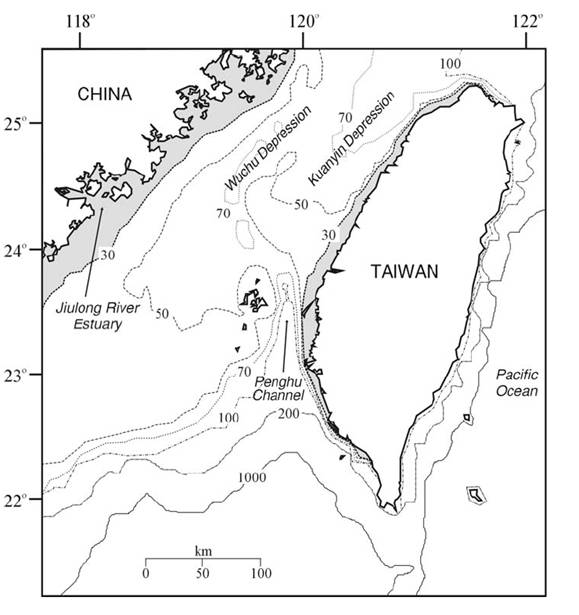 台灣海域水深分布圖。（陳昭倫提供）
