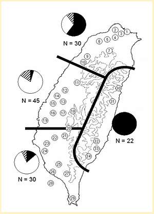台灣眼鏡蛇腹部色型與地理分布的關係。