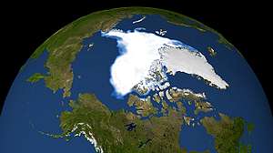 衛星傳回資料中顯示2007年9月14日海冰降至最低點(圖片提供：NSIDC)