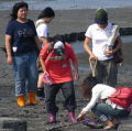學生在王功漁港旁的潮間帶進行現場解說教學。