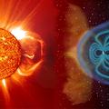 太陽日冕噴發影響地球磁場示意圖：太陽若朝地球方向發生日冕噴發現象，帶電物質會於2-4天後到達，使地球磁層發生扭曲，干擾通訊及導航設備，損毀衛星，甚至導致斷電。（示意圖未照實際比例繪製）；圖片來源：美國與歐洲太空總署SOHO太陽觀測站