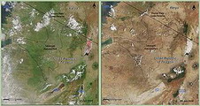 對比2005年1月(左圖)與2006年1月的空照圖，可以知道非洲環境正面臨極大的變遷。圖片來源：NASA