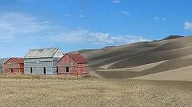 1930年代美國中西部塵暴，將沙丘推向農場邊緣。照片來源：美國柏克萊實驗室