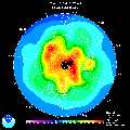 西元2000年11月16日在南半球的臭氧層破洞。（圖片來源：美國國家海洋與大氣監控站，NOAA）