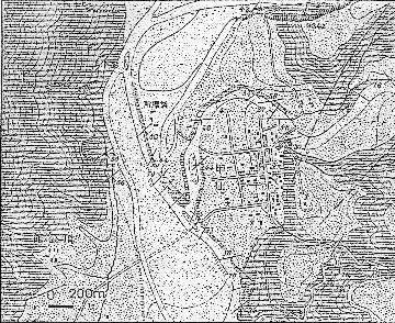 1932年，〈甲仙油田地形及地質圖〉裡經過規劃的甲仙埔街區與自然改變的高灘地；圖片來源：游永福