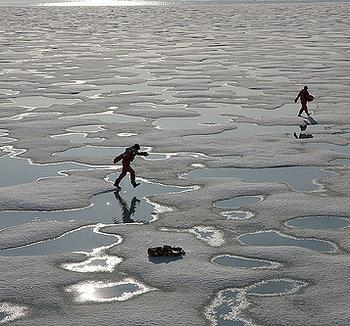 兩名科學家跨越格陵蘭島北部盆地部分融解的海冰搜集北極氣候相關資訊。攝於2009年7月25日。圖片由綠色和平組織提供。