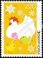 韓國雞年生肖郵票：雪中嬉戲的雞媽媽與小雞，2004年12月1日發行。