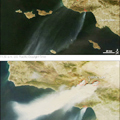 兩張分別由NASA的Terra與Aqua衛星上的MODIS光譜輻射儀所拍攝的照片，可以清楚看到21日當天火災擴散狀況與濃煙。