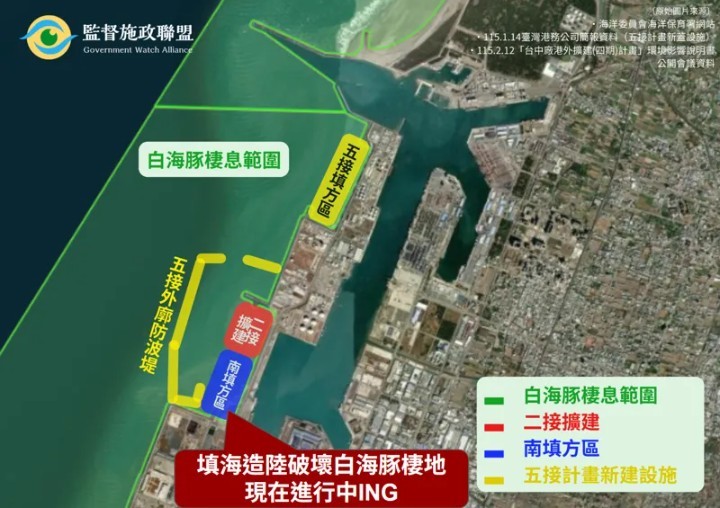 目前預計填海造陸的工程與白海豚棲息地重疊。台電五接規劃「外廓防波堤」範圍達509公頃,恐改變當地水文水流。資料來源:監督施政聯盟