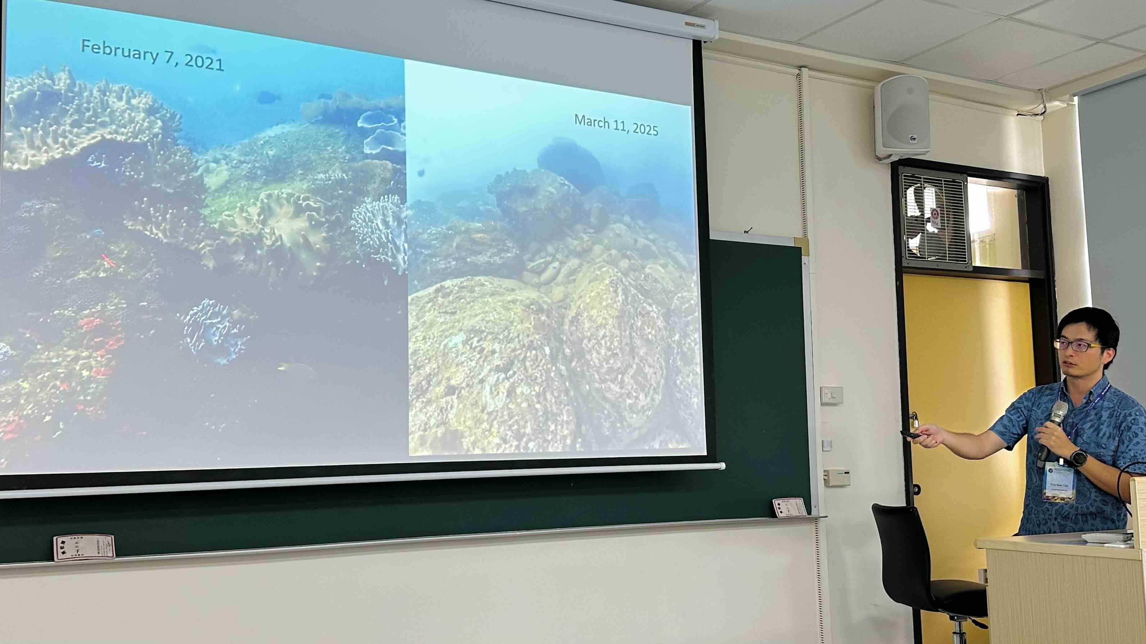 林子皓指出，2021年龜山島水下魚蝦聲景熱鬧（左），2024年康芮強颱後生態驟變（右）。攝影：黃小莫