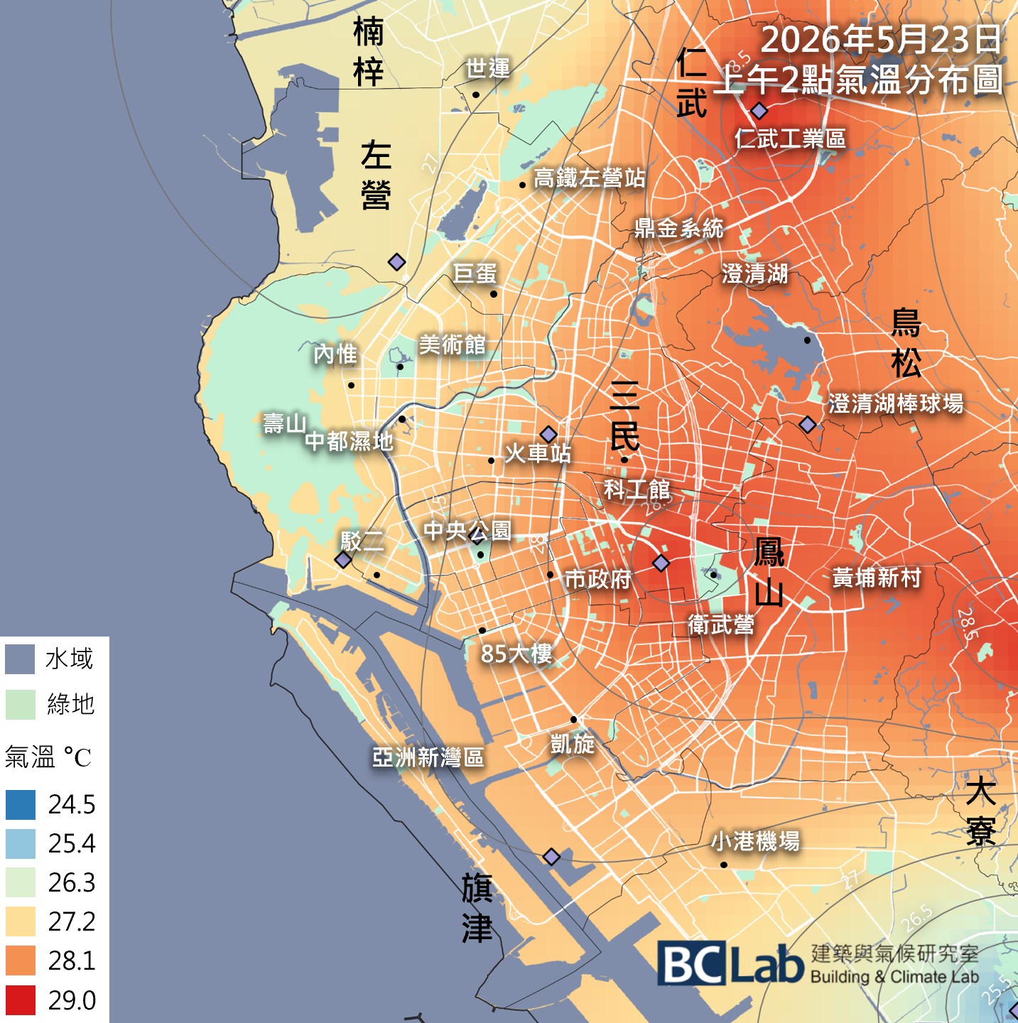研究團隊觀察高雄地區，夜間也有很多地方維持高溫，人口密集的鳳山區更飆破28度。圖片來源：「都市退燒」臉書專頁