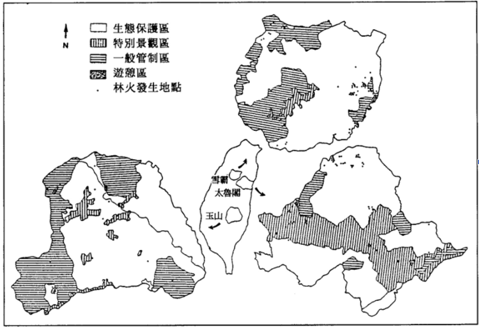 林朝欽於2004年發表在《台灣林業科學》的研究《台灣二葉松林枯死細質燃料濕度預測模式推導》，主要在玉山及雪霸國家公園進行。該研究採集地表燃料與燃料棒，建立能有效評估林火危險度與水分變化的預測模式。圖為臺灣三座高山國家公園（玉山、雪霸、太魯閣）的區域分區與林火發生地點分佈圖。圖片來源：林朝欽提供