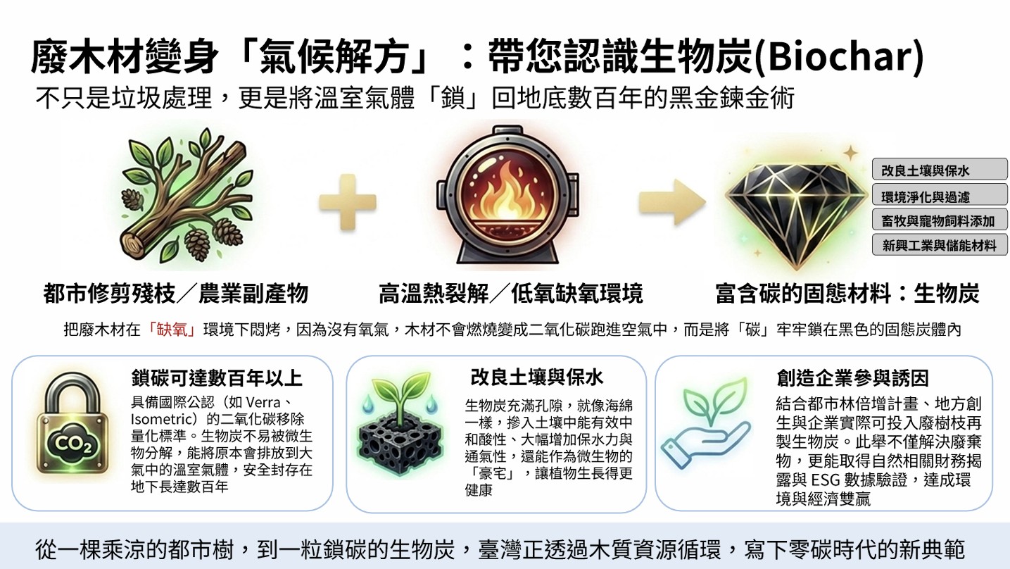 環境部長彭啓明表示,將配合「都市林計畫」,以熱裂解技術處理都市林木殘枝,將碳元素緊鎖在黑色的固態生物炭之中。資料提供:環境部