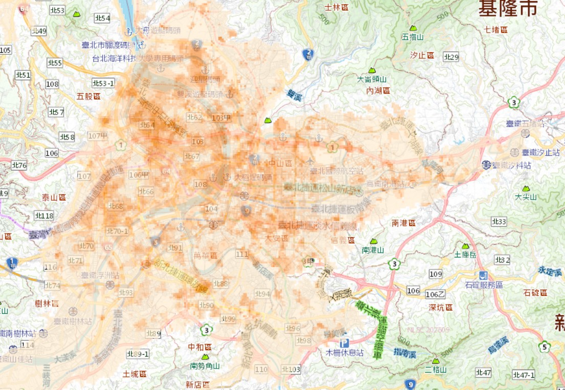 土壤液化潛勢查詢系統新增功能,可依不同深度,查看疏鬆砂土及軟弱黏土分布,供工程規劃及施工風險評估參考。圖為台北市及周邊地區軟弱土層分布。圖片來源:截取自土壤液化潛勢查詢系統