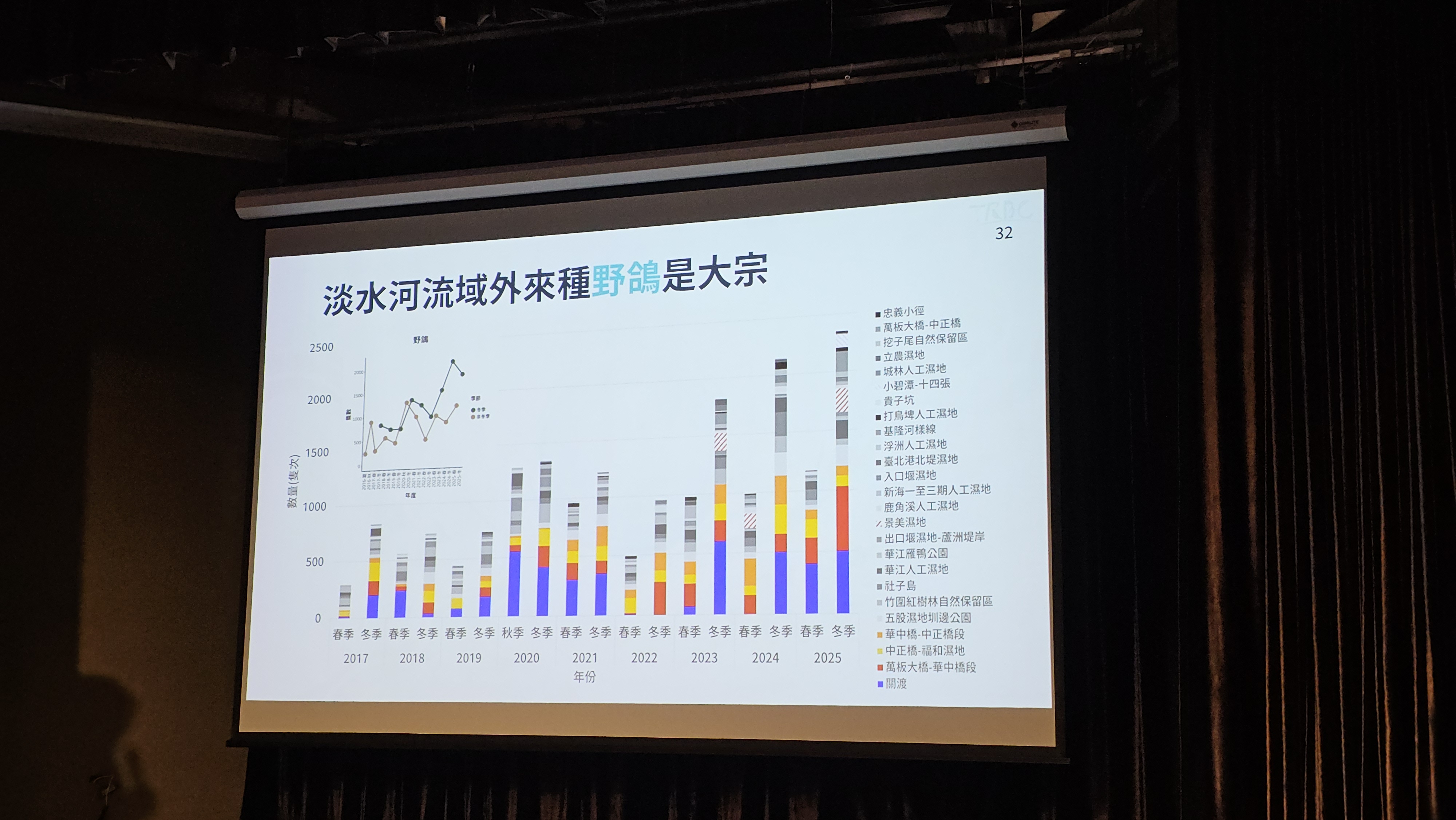 2025調查結果，儘管鳥類隻數上升，但外來種野鴿也大量增加。攝影：李柏霖