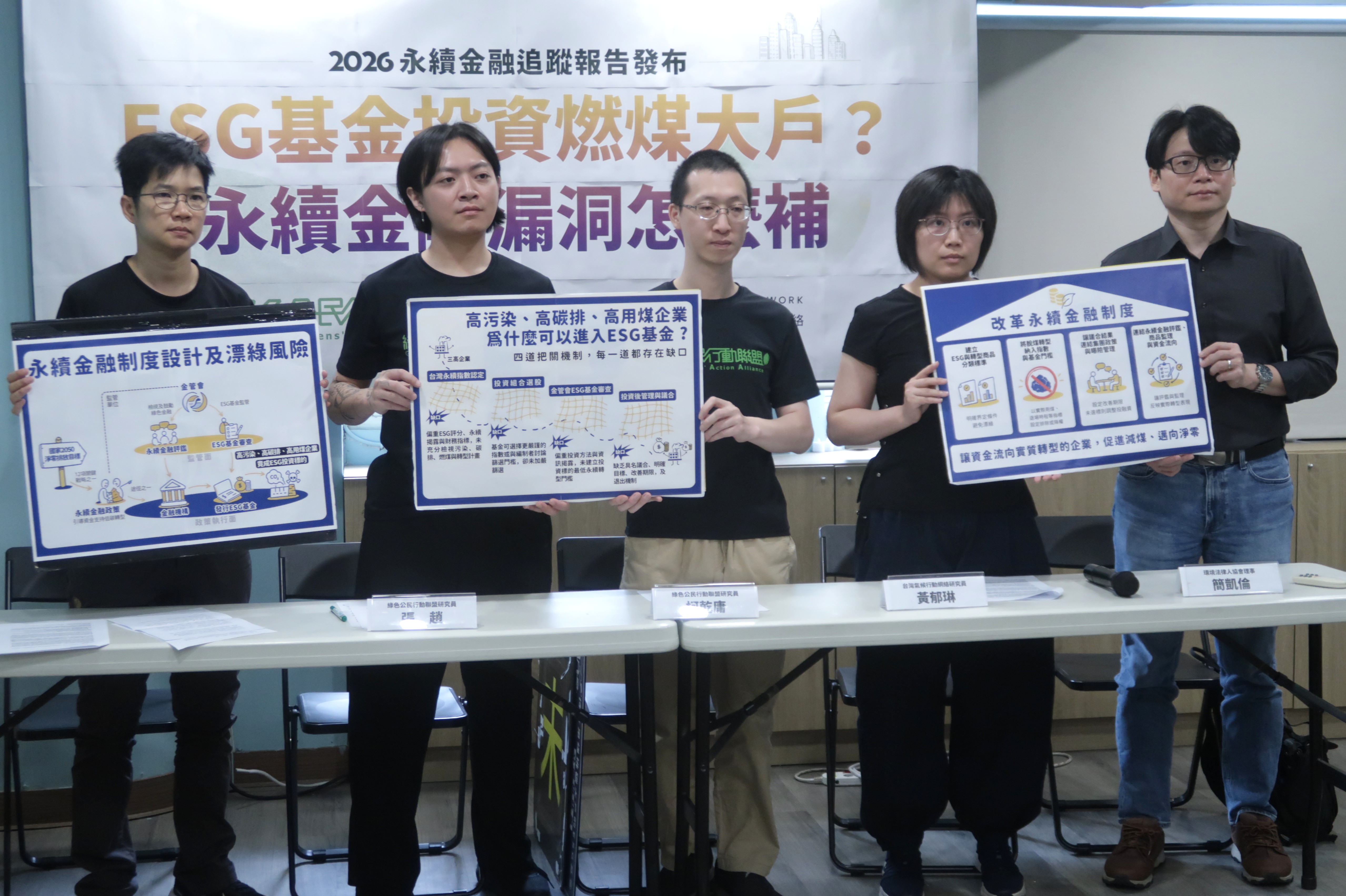 綠色公民行動聯盟、台灣氣候行動網絡研究中心和環境法律人協會共同發布《2026永續金融追蹤報告》。攝影:林昱妍