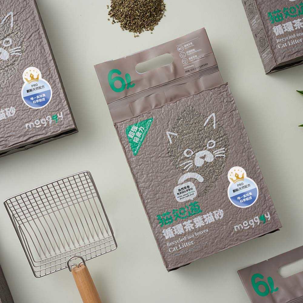 「mogggy 貓知道」茶葉貓砂以回收茶渣製成，主打兒茶素與茶多酚除臭概念，結合永續循環與寵物經濟。 圖片來源：陳羽鉉 提供
