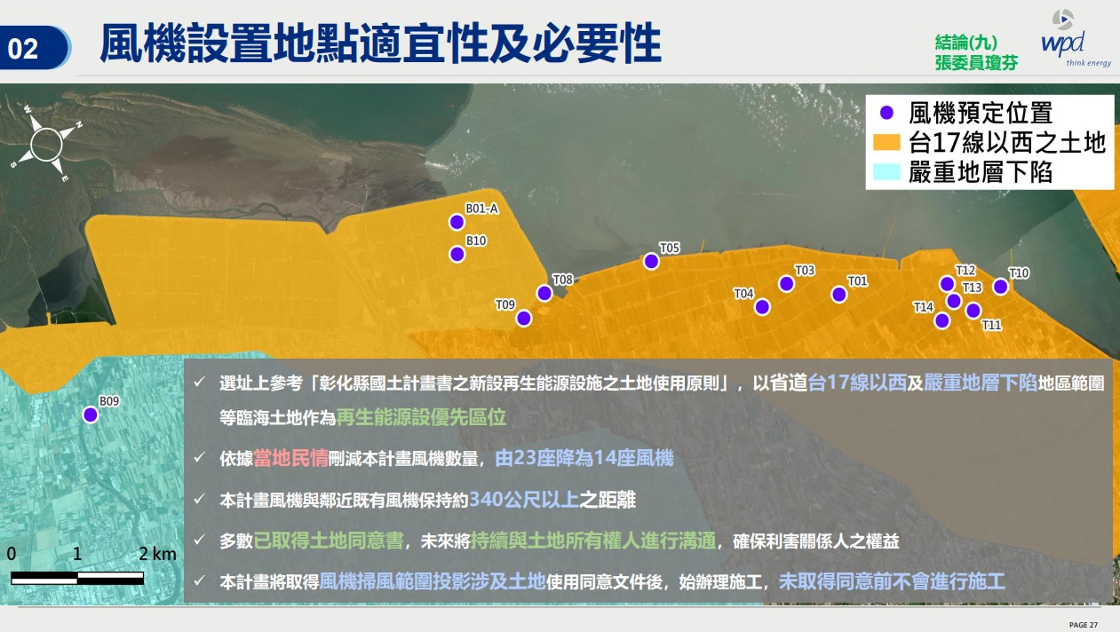 編號B09風機與當地芳苑國小與芳苑國中兩所學校和社區距離過近。資料提供:環境部
