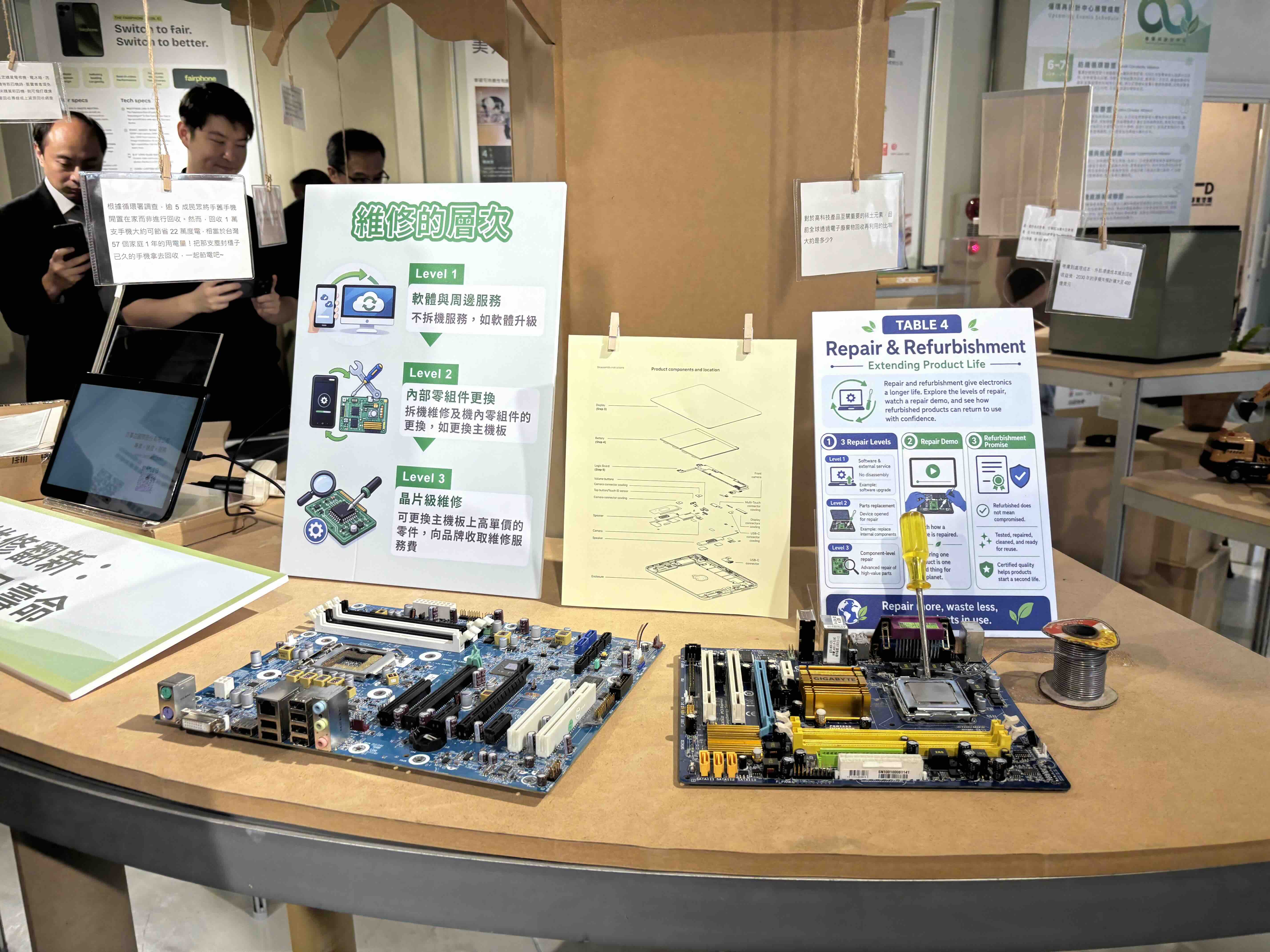 百事益拆解電腦、手機，解構內部零件構造，並展示廢棄電子用品重製的成果。攝影：林昱妍