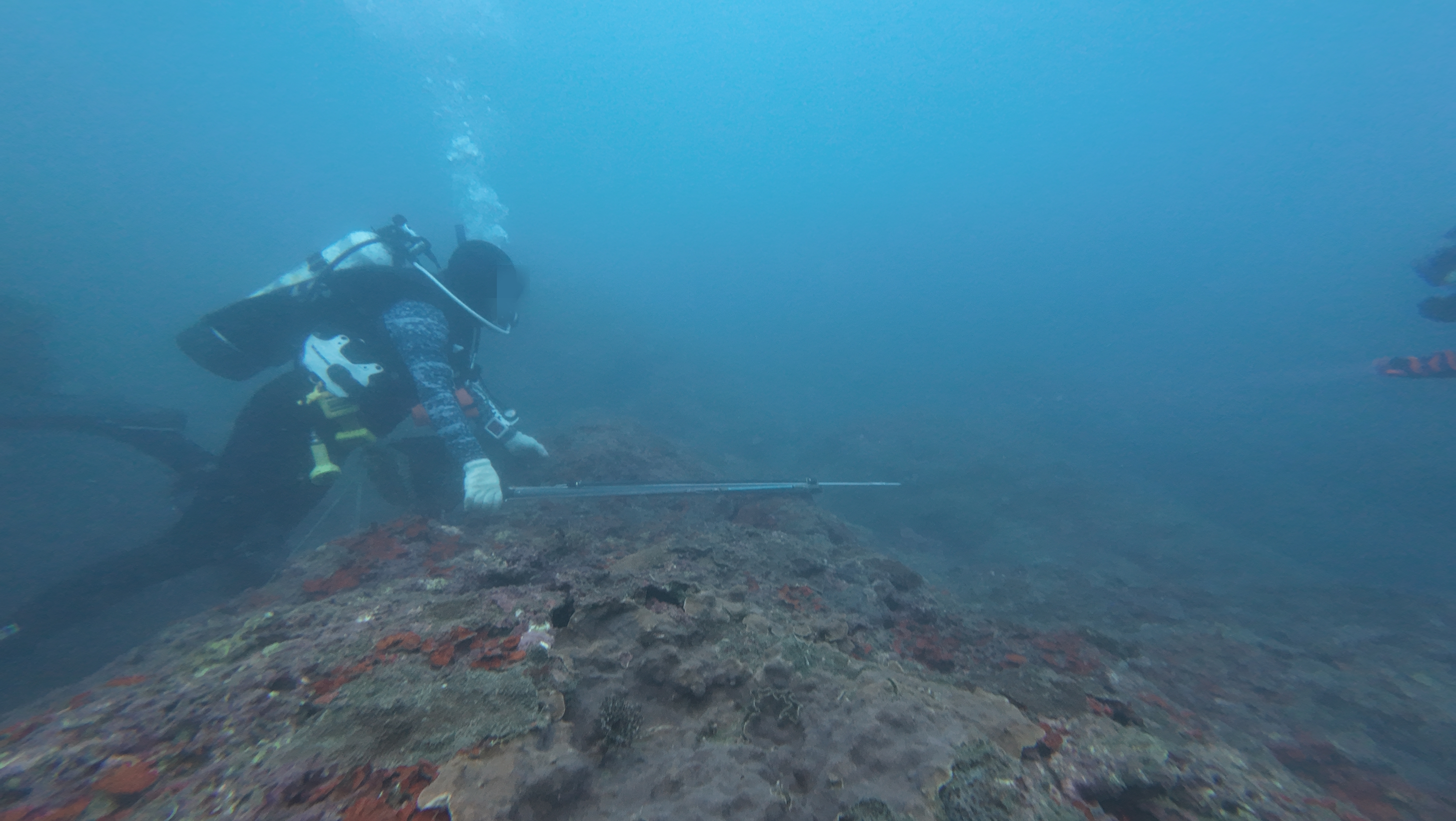 休閒漁獵玩家手持魚槍在礁石間游獵,漁獵高度仰賴對海況和對生物習性的掌握,在水下能見度較差的情況下,難以追蹤魚群。攝影:林乃絹