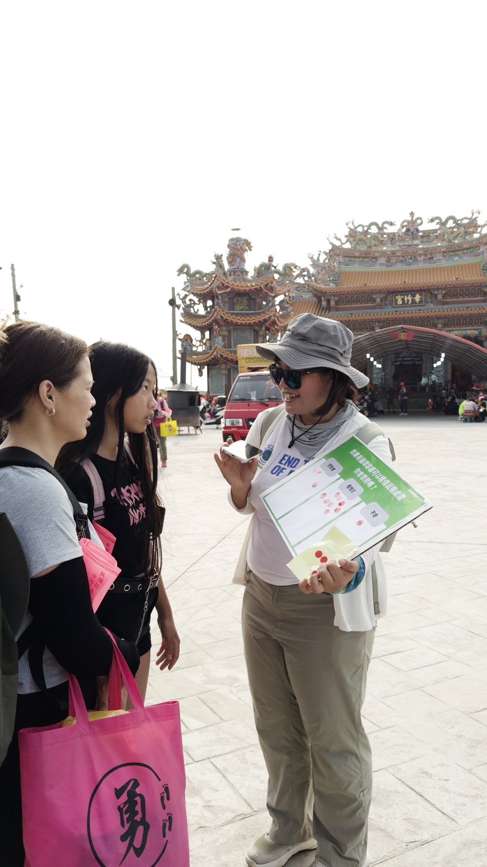 綠色和平在進香沿線進行街訪調查。針對「進香活動產生垃圾是否無可避免」，約有七成民眾認為難以避免。圖片提供：綠色和平