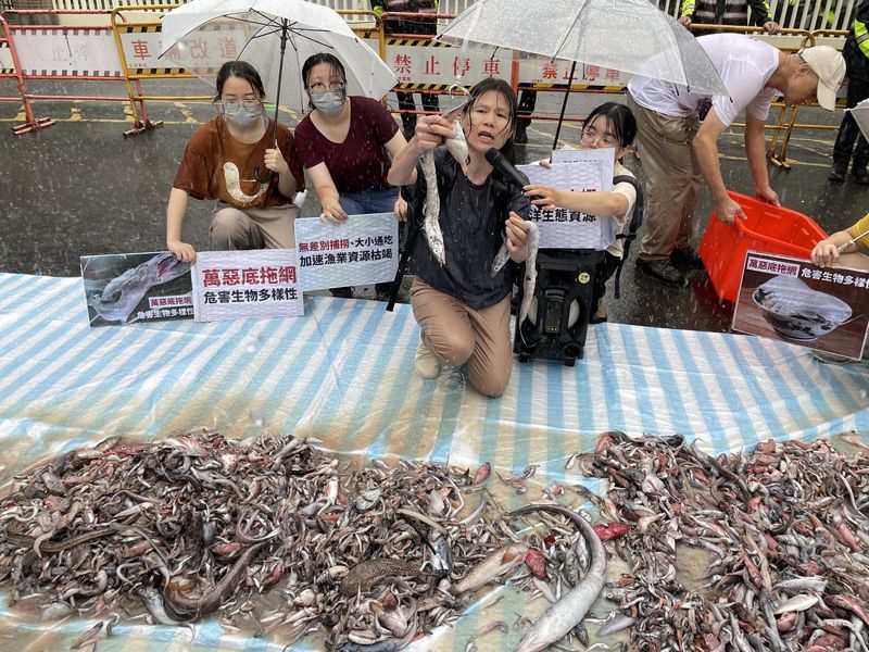 動保團體赴行政院前「倒魚」陳情 籲全面禁止底拖網