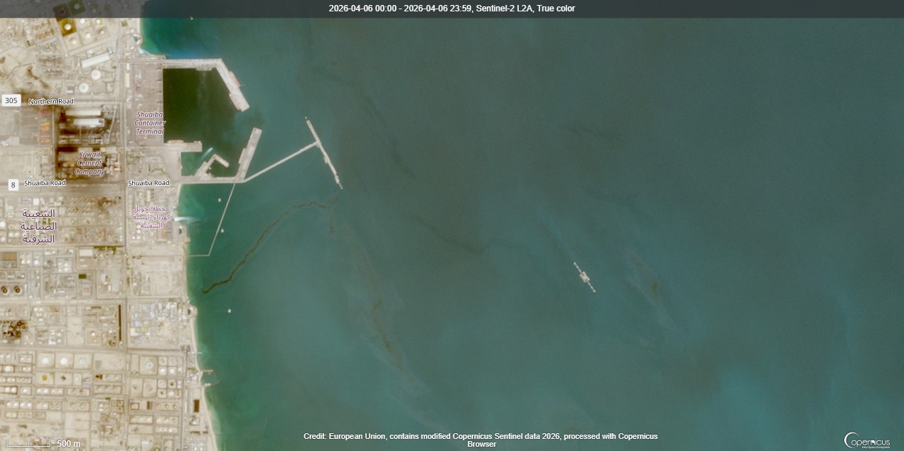6日的衛星影像顯示，伊朗襲擊後，科威特海岸附近出現漏油。照片來源：Copernicus Sentinel-2／ESA