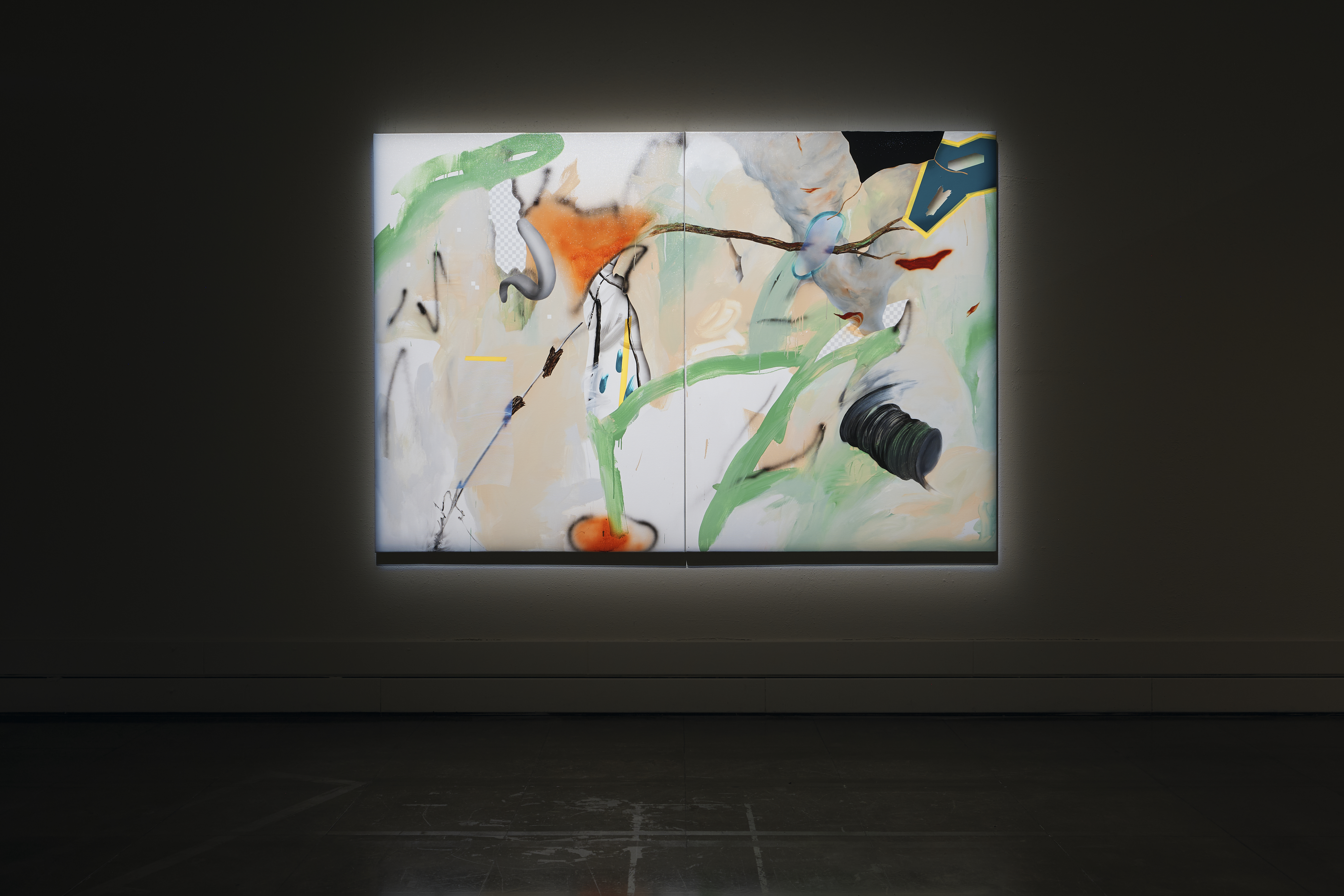 周代焌作品《山林訊號》以抽象繪畫語彙呈現藝術家在山林田野中的感知經驗，將地景記憶轉化為視覺符號。圖片來源：台東美術館 提供